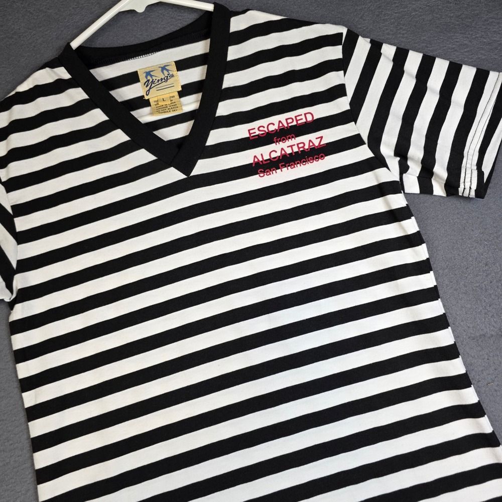 Ying's Escaped from Alcatraz T-Shirt Womens Large Prisoner Stripe B&W V-Neck
